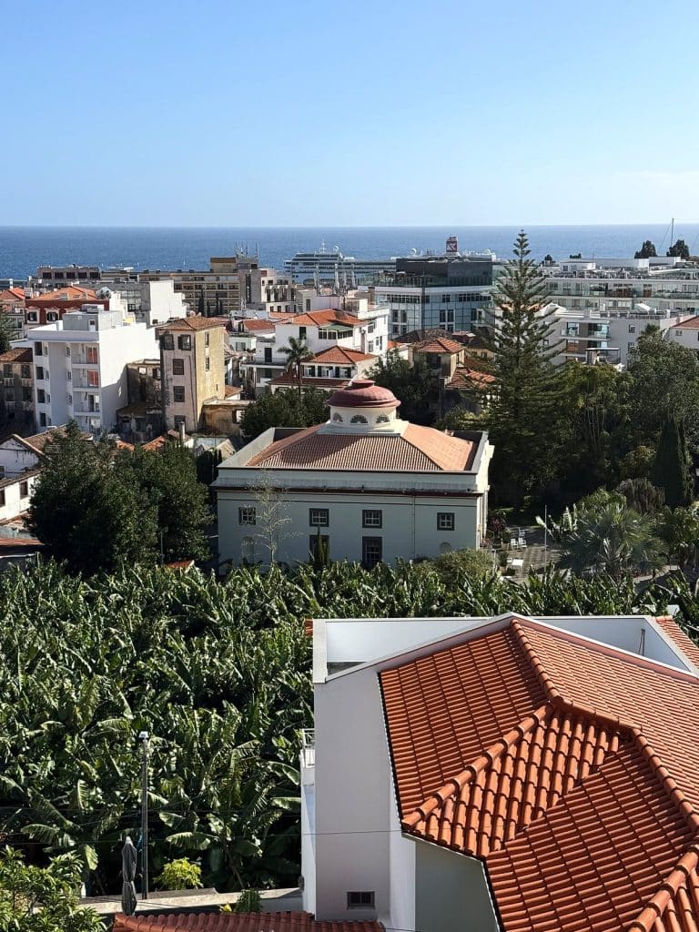 Biały kościół z kopułką widziany z góry, przed nim plantacja bananowców, za nim kamienice centrum Funchal i ocean