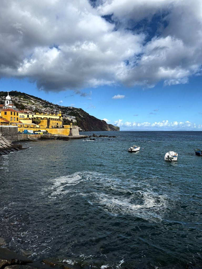 Zatoka z łódkami, w oddali żółty fort São Tiago, biała wieża kościoła i zbocze z domami wschodniego Funchal