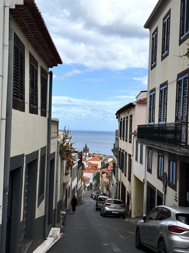 Stroma uliczka w Funchal opadająca w stronę oceanu