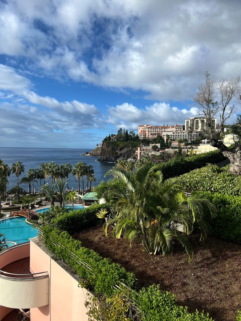 Zielone ogrody hotelu z palmami, w dole basen, w tle wybrzeże Funchal i ocean
