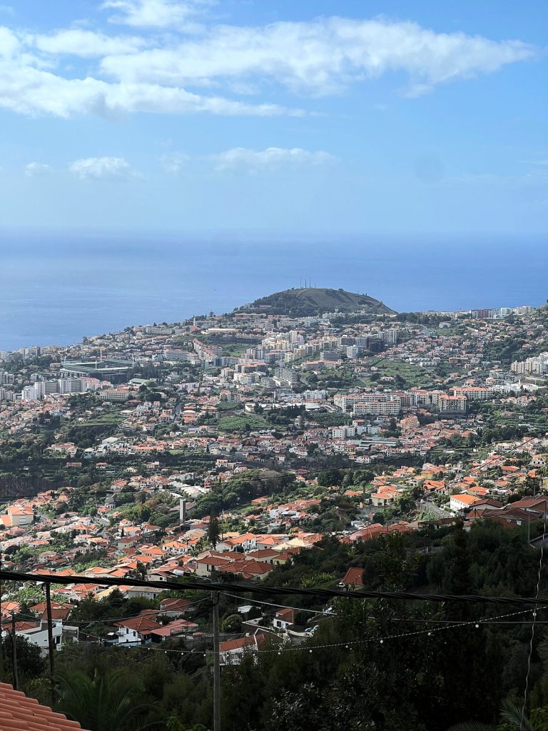 Funchal widziany z wysoka z Monte, zabudowa na zboczach schodzi do oceanu, w oddali wzgórze nad zatoką, na pierwszym planie barierka i zieleń