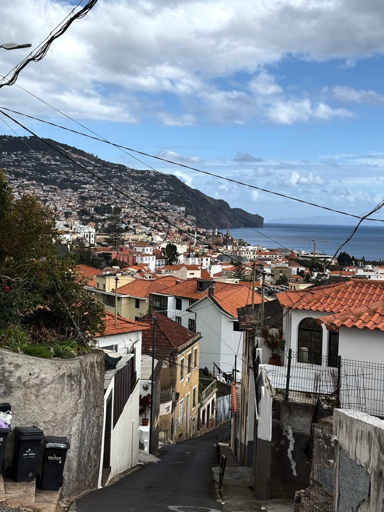 Stroma uliczka między domami z pomarańczowymi dachami schodząca w stronę zatoki Funchal, nad nią kable i chmury