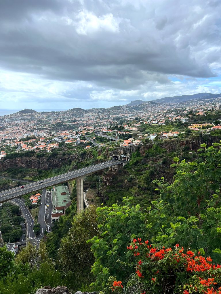 Widok z Ogrodu Botanicznego na Funchal i wiadukt drogi ekspresowej