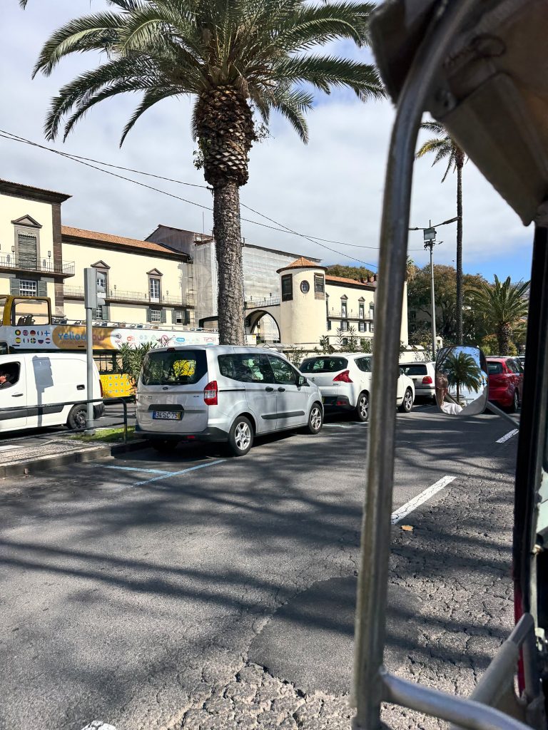 Widok z wnętrza tuk-tuka na skrzyżowanie i palmy w centrum Funchal