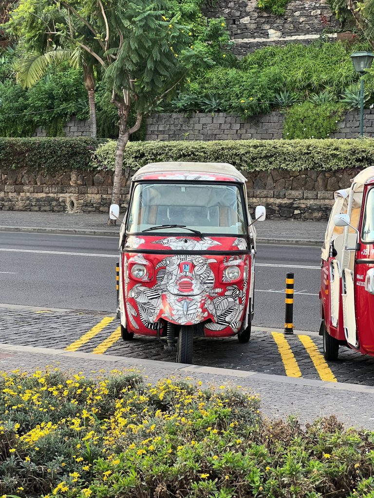 Kolorowy tuk-tuk zaparkowany przy klombie z żółtymi kwiatami w Funchal