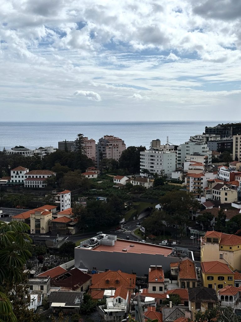 Panorama Funchal z wysoka: czerwone dachy, zieleń między domami, białe bloki i ocean po horyzont pod niebem pełnym drobnych chmur