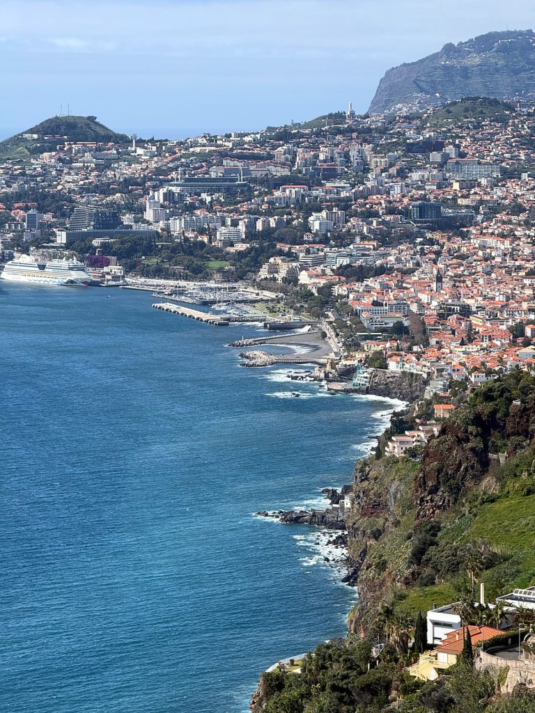Zatoka Funchal z portem, mariną i wycieczkowcem widziana z wysokiego klifu na wschód od miasta, w oddali klif Cabo Girão