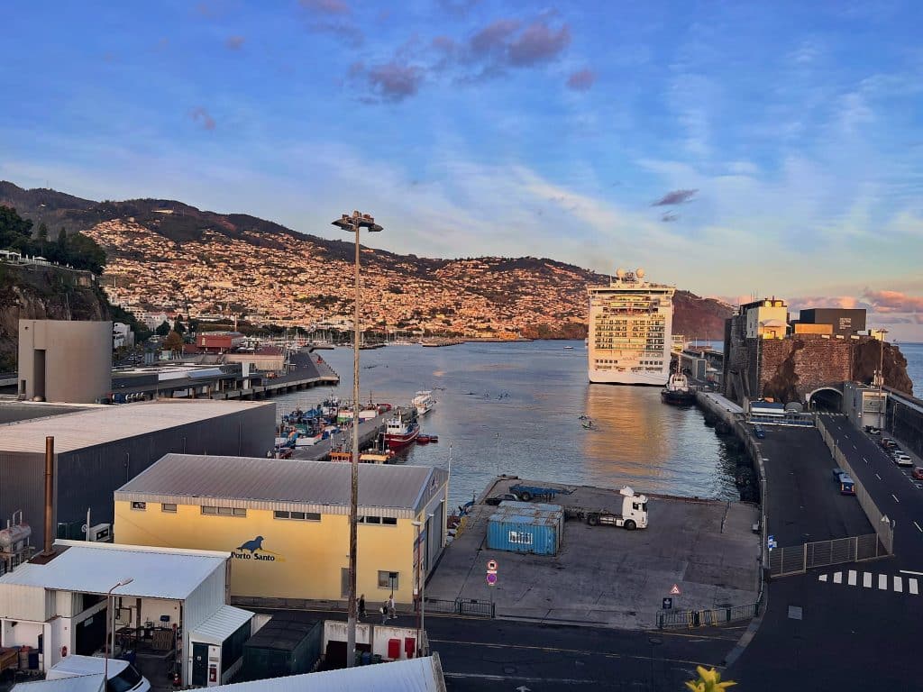 Port w Funchal ze statkiem wycieczkowym, w tle zabudowa miasta na zboczach